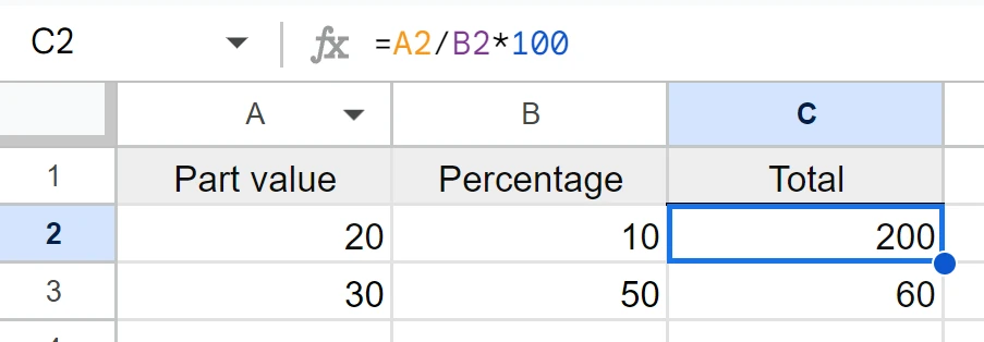 calculate total given percentage in Excel or Google Sheets