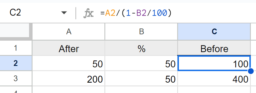 number before percentage decrease in Excel or Google Sheets