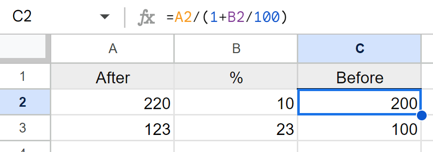 number before percentage increase in Excel or Google Sheets