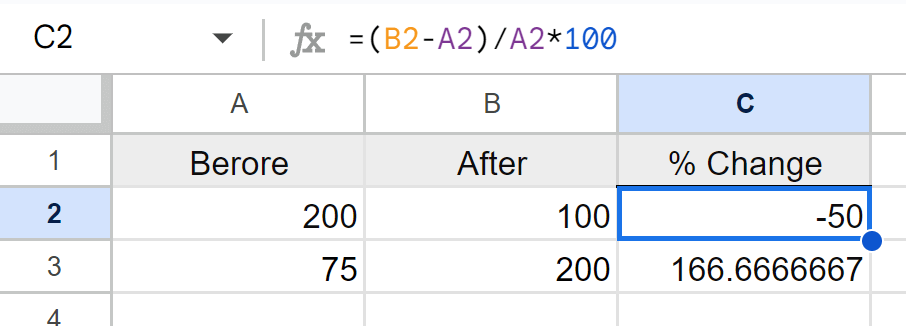 percentage change in Excel or Google Sheets