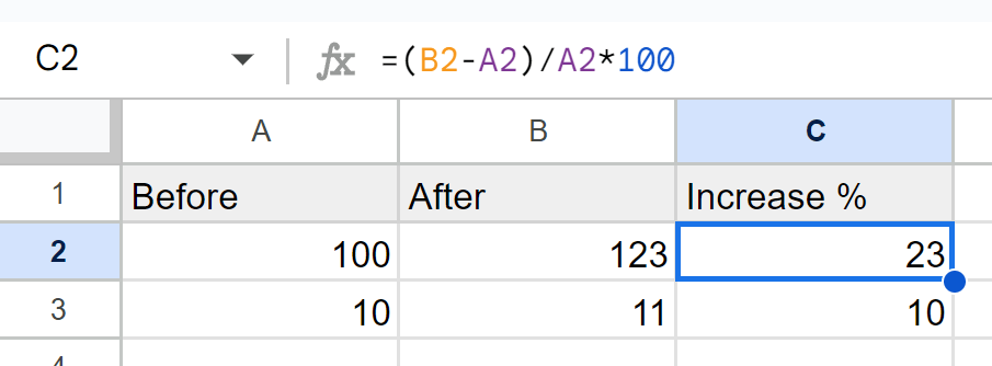 percentage increase in Google Sheets