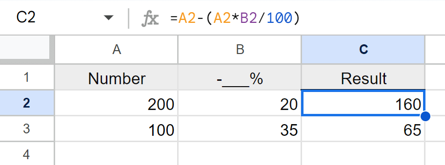 percentage of a number in Excel or Google Sheets