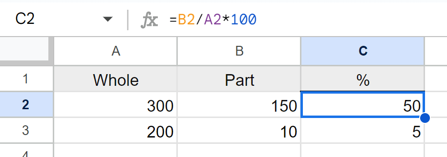 what percentage of one number is another in Excel or Google Sheets